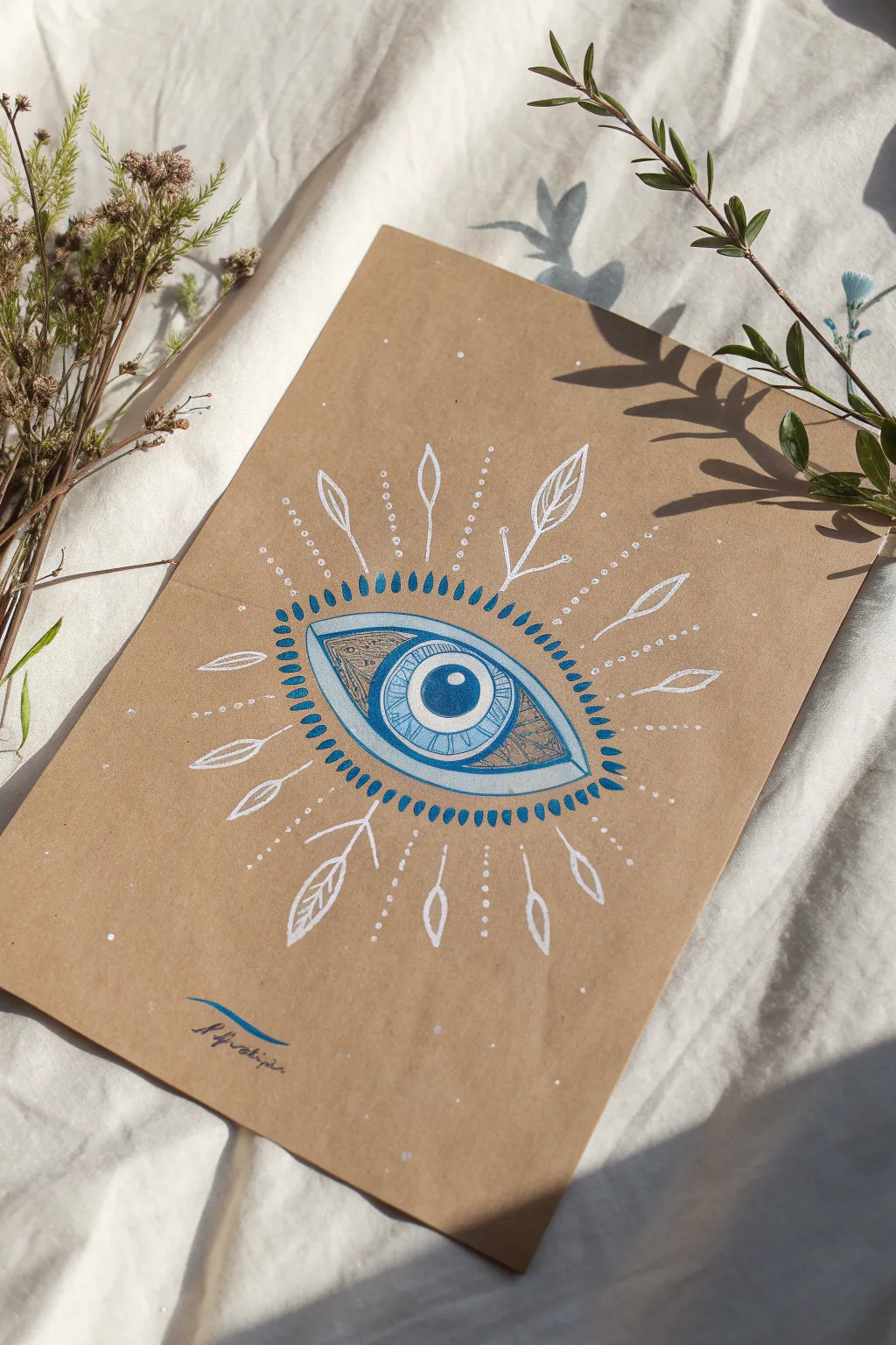 Earthy kraft paper evil eye in blues with crisp white highlights for a minimalist boho sketch.