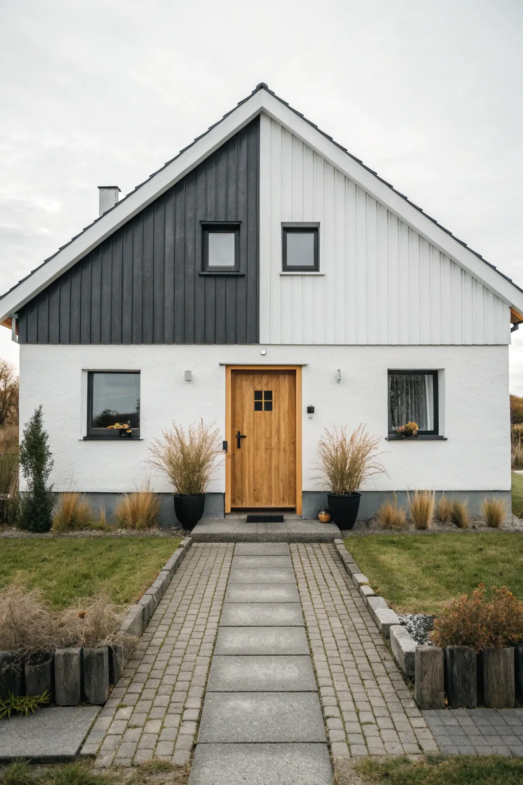 Two-tone exterior split with charcoal base and warm white top for clean, modern curb appeal