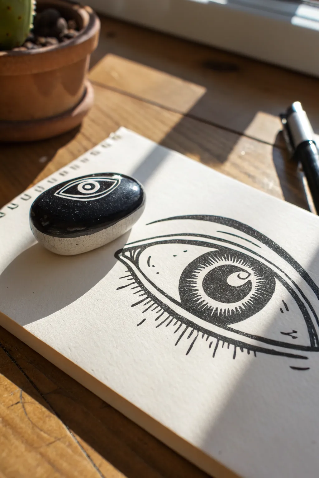 Retro rubber-hose oval eye idea, simple ink shape with a pie-slice highlight for easy sketching