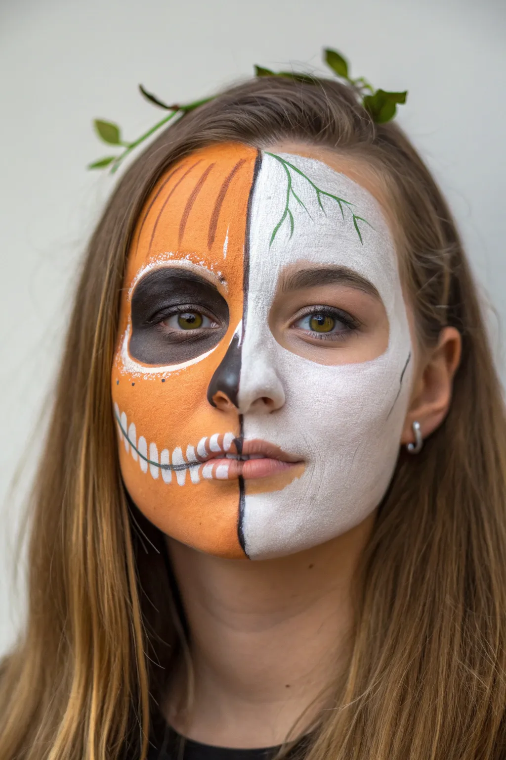 Half pumpkin, half skull split-face paint with crisp contrast and minimalist Halloween artistry
