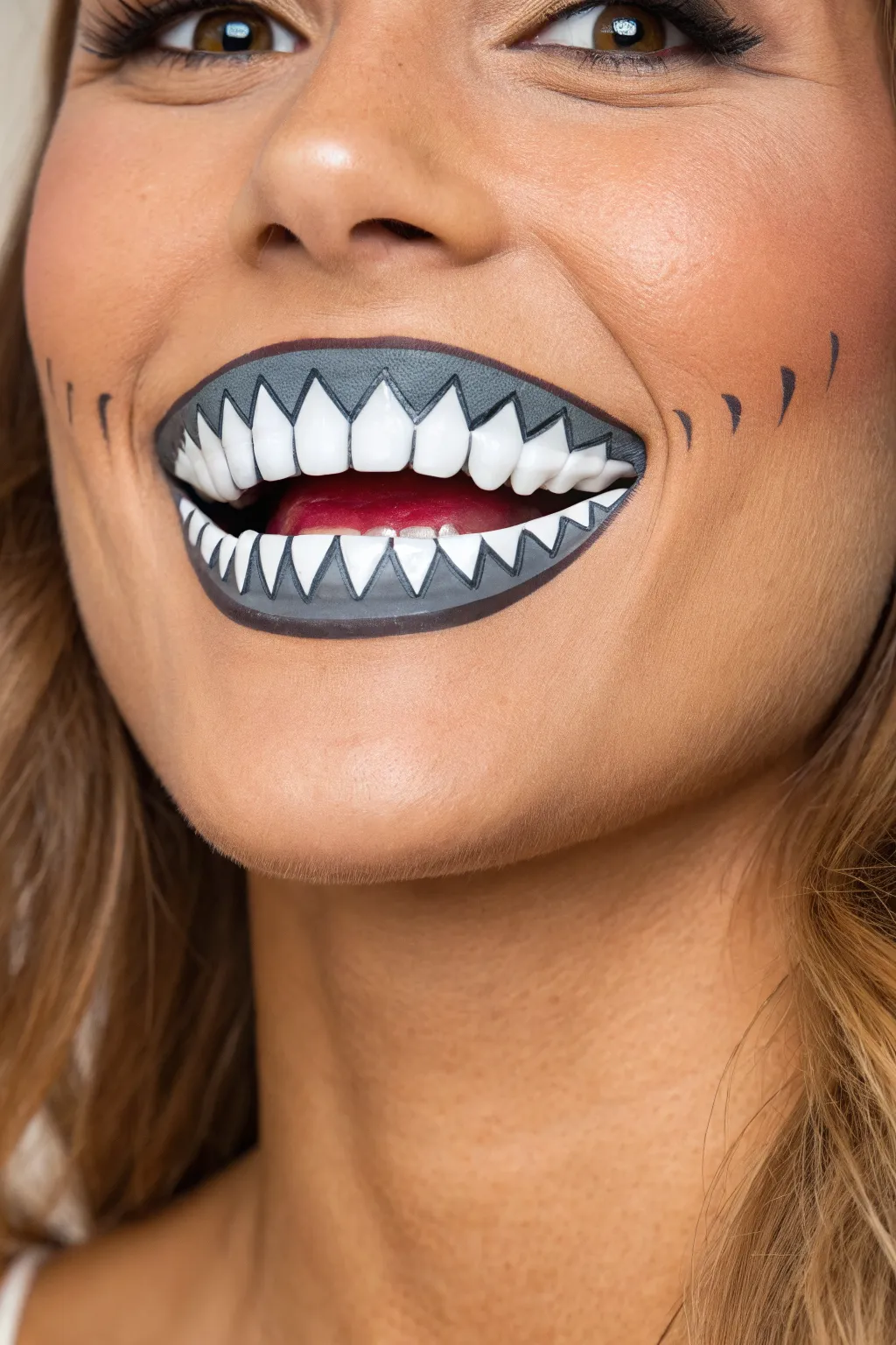 Shark mouth lip paint that opens when you smile, with crisp teeth, bold shading, and clean lines.
