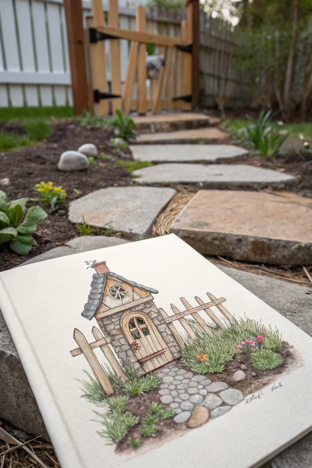 Mini twig fence and tiny gate lead to a fairy house, with a split stone path and sprouts.