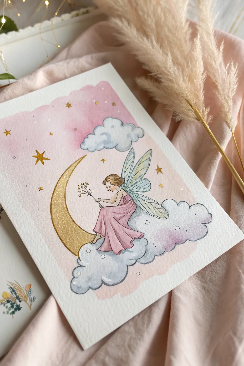 Soft pink dream clouds with a tiny fairy and pale moon, minimalist boho watercolor glow