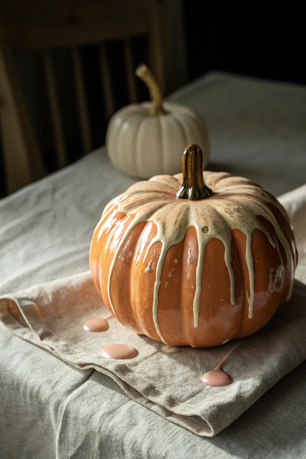 Spooky-chic faux pumpkin with glossy drip paint and dramatic contrast for minimalist fall decor.
