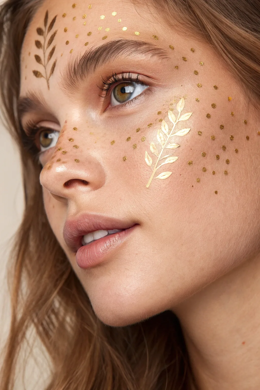 Golden freckles and tiny leaf sprinkles create a minimalist, boho fall face painting close-up.