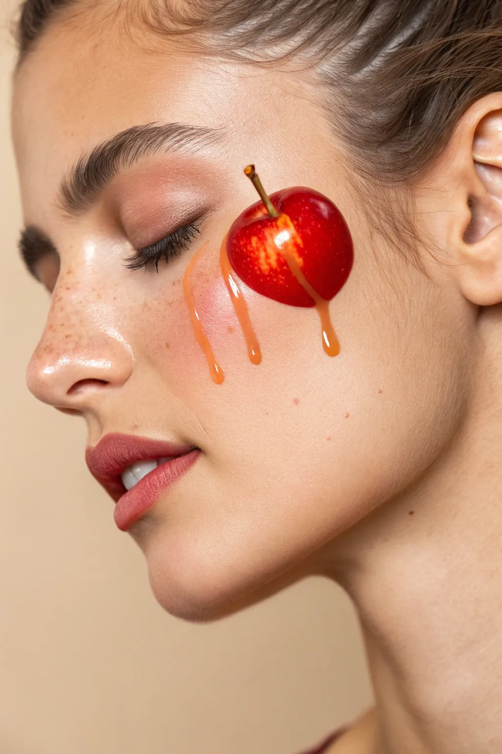 Caramel apple cheek art with glossy drips and bright highlights, made for fall festival fun.