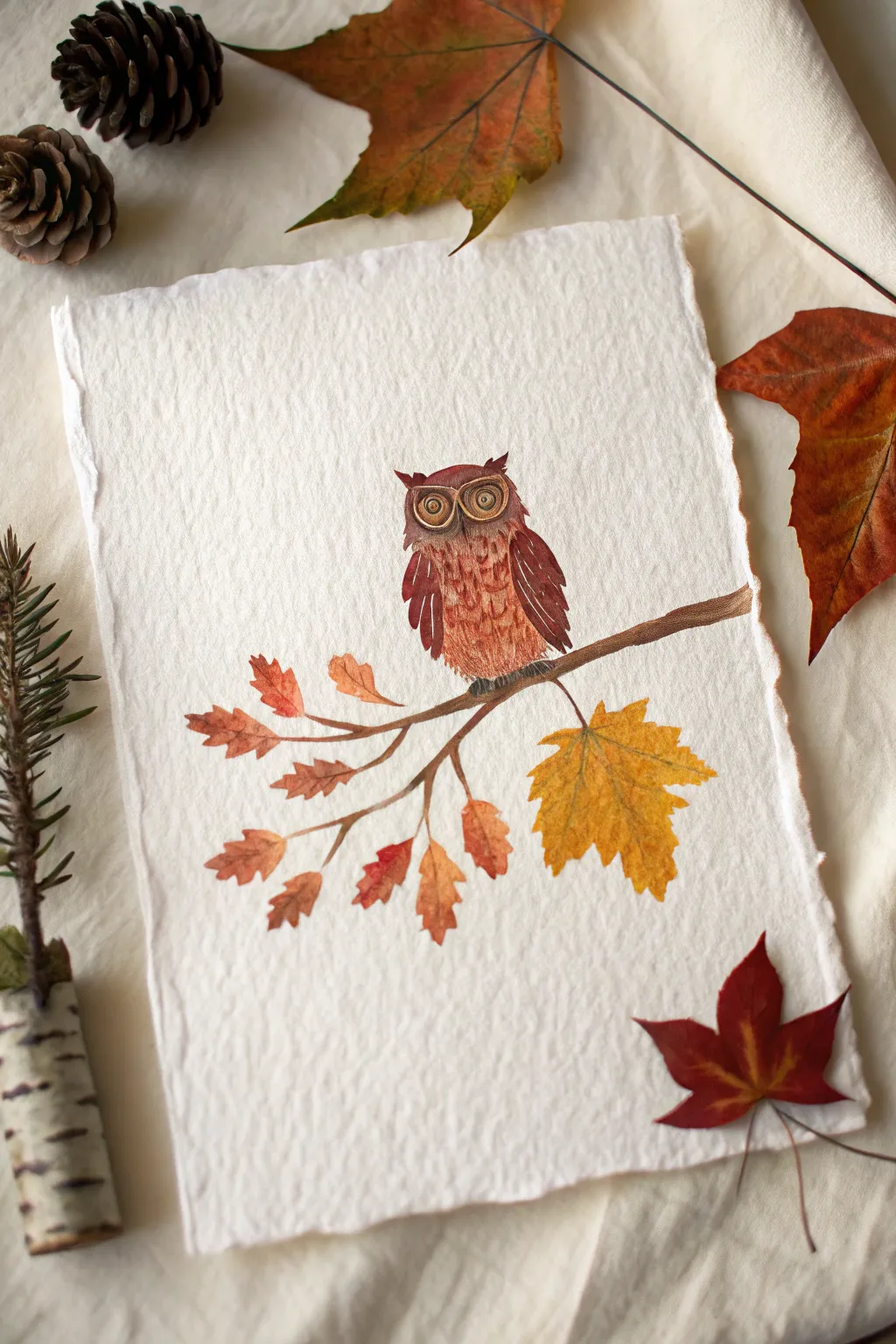 Rusty fingerprint feathers create a cozy fall owl perched on a simple branch, minimalist style