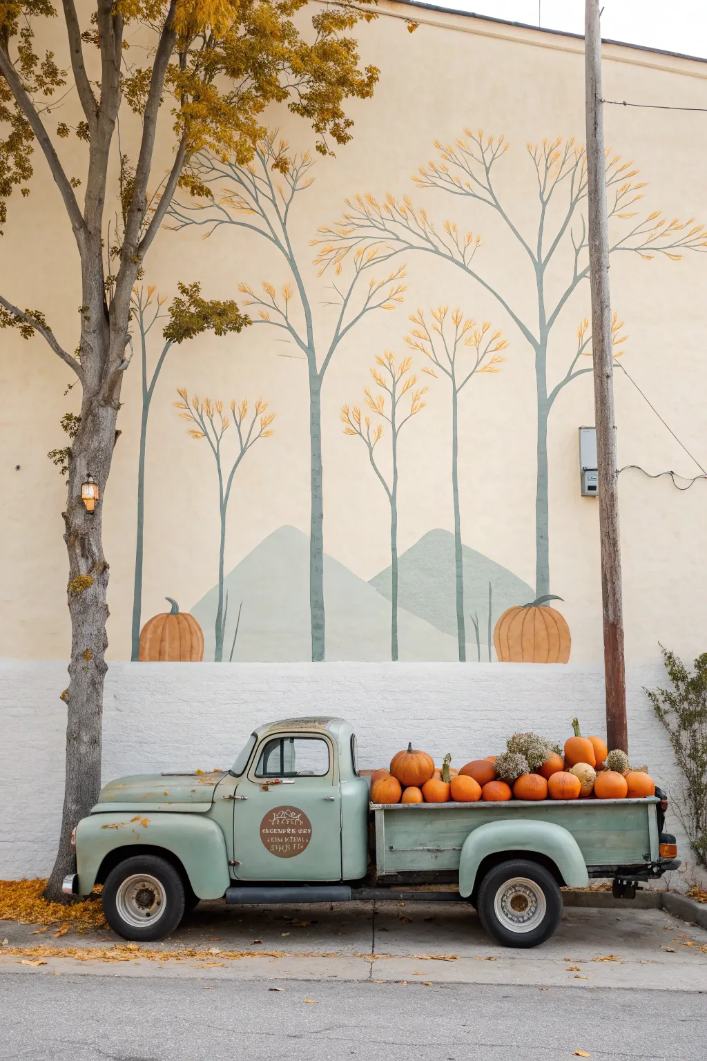 Cozy vintage harvest truck mural with pumpkins and minimalist autumn trees for a warm fall wall.
