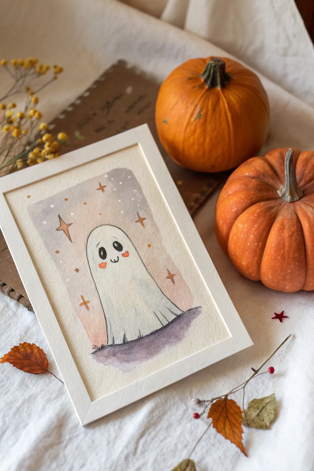 Spooky-cute paint night: a soft white ghost hovering over a warm pumpkin under a dusky sky