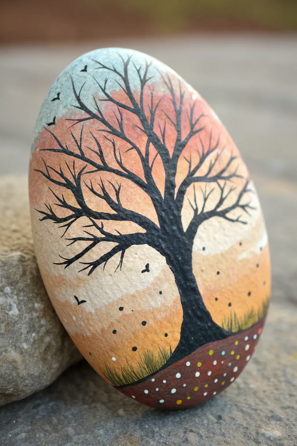 Minimal fall rock art: bare tree silhouette on sunset gradient with drifting leaf dots