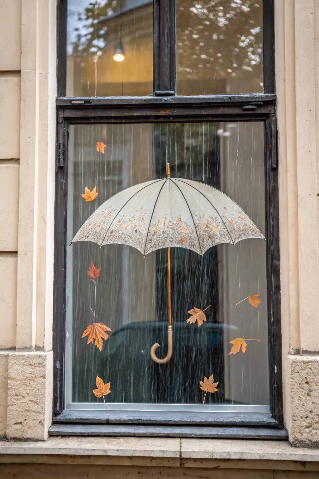 Cozy rainy fall window art: a minimalist umbrella with drifting leaves and raindrops.