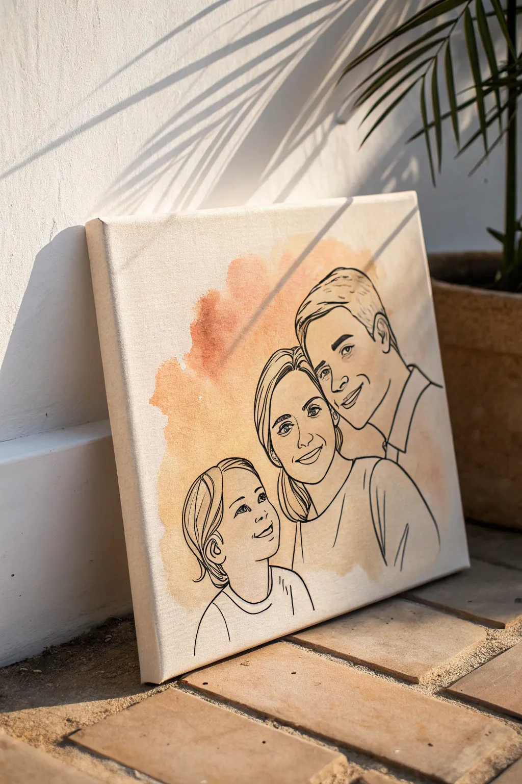 Minimal one-line family portrait on warm neutral wash, simple Scandinavian boho canvas art idea