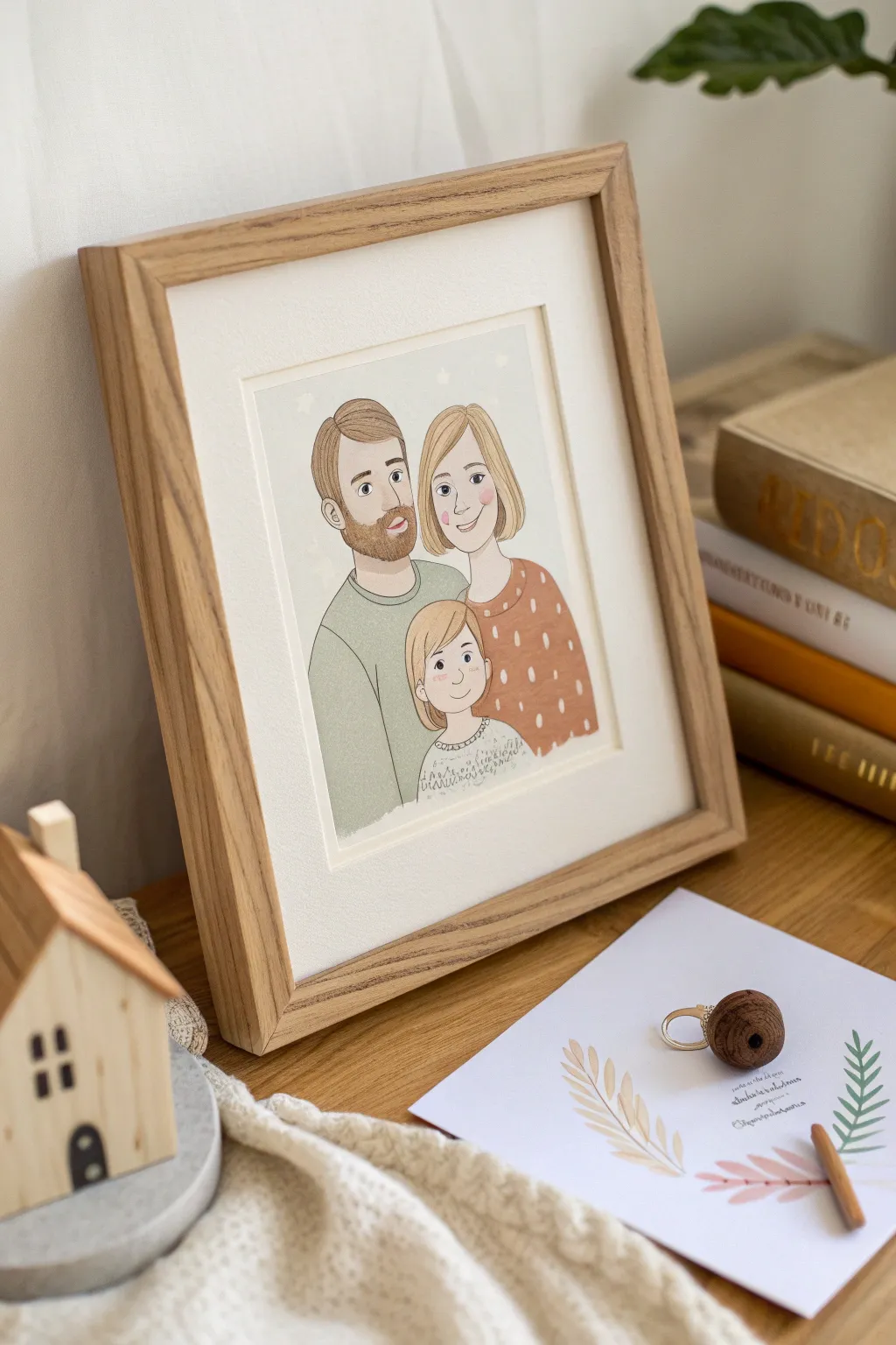 Storybook-style family portrait illustration with cozy little props for a personalized gift