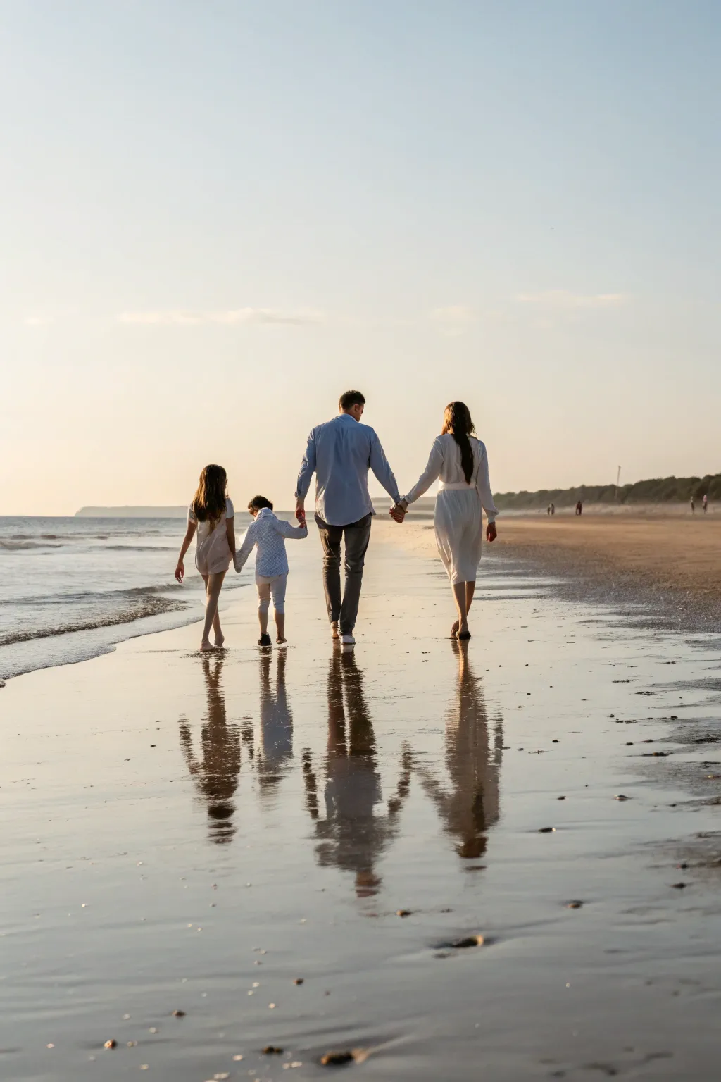 Soft shoreline silhouettes and gentle reflections for timeless minimalist family portrait inspiration.