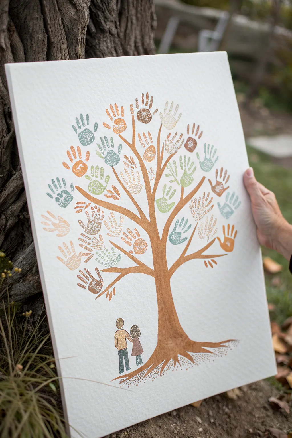 Minimalist handprint canopy family tree drawing idea with warm trunk and joyful color pops.