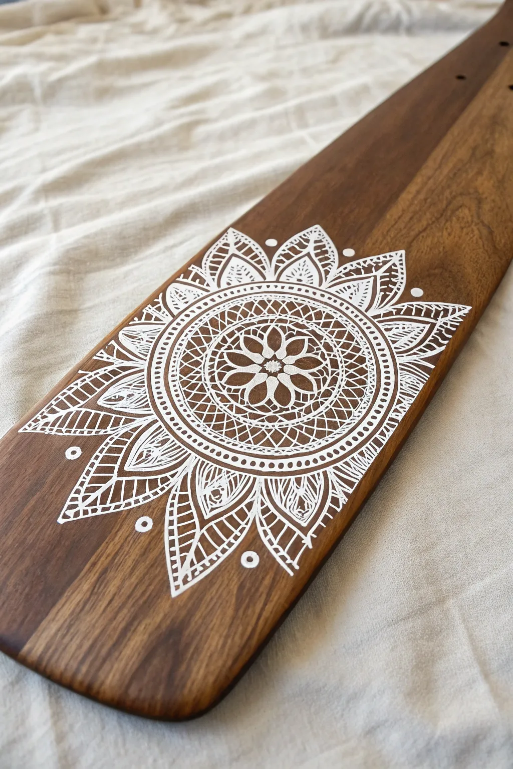 Transform dark wood with intricate white mandala stencils for a chic boho look.