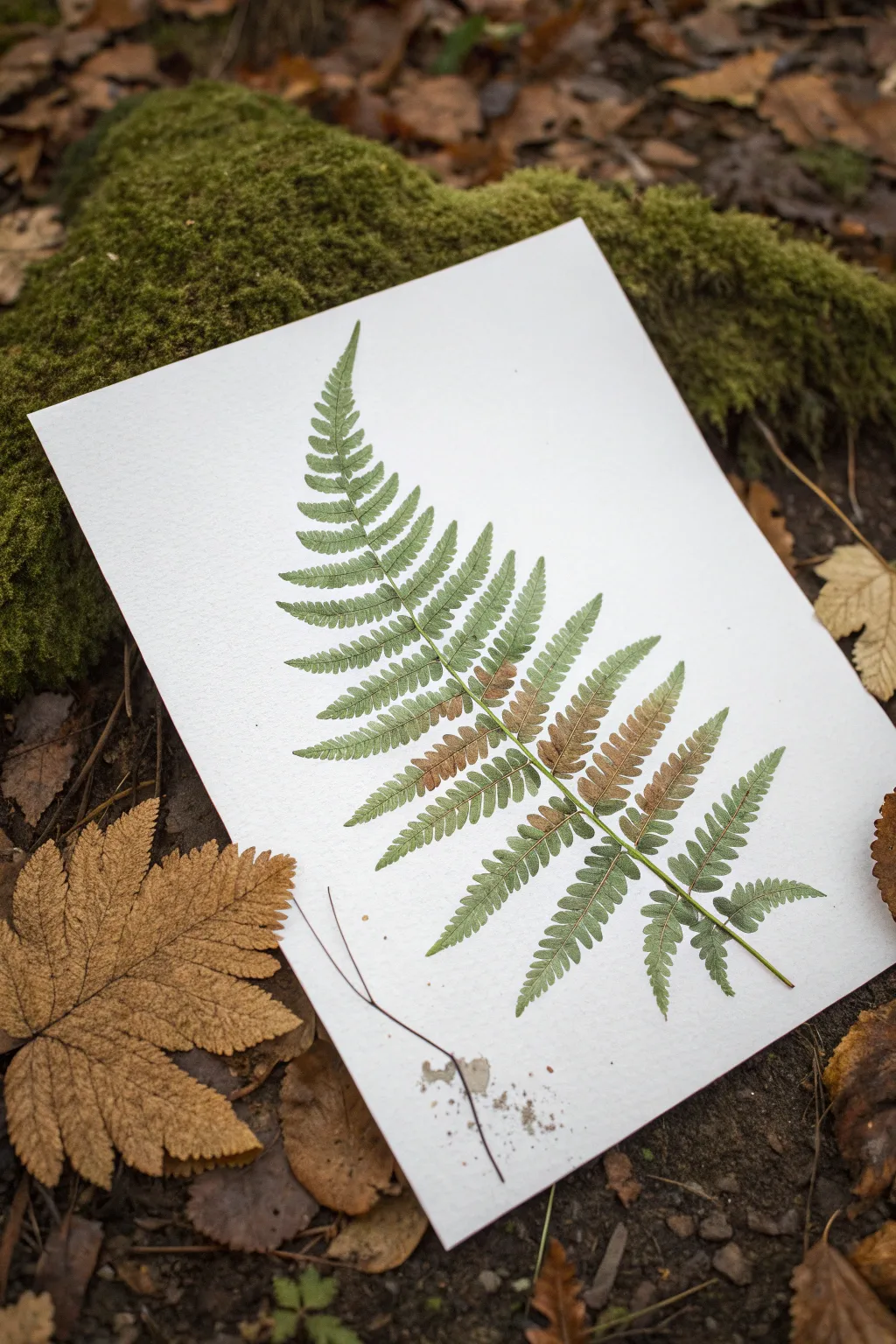 Fan brush ferns in layered greens with leaf-litter texture for a calm woodland floor study