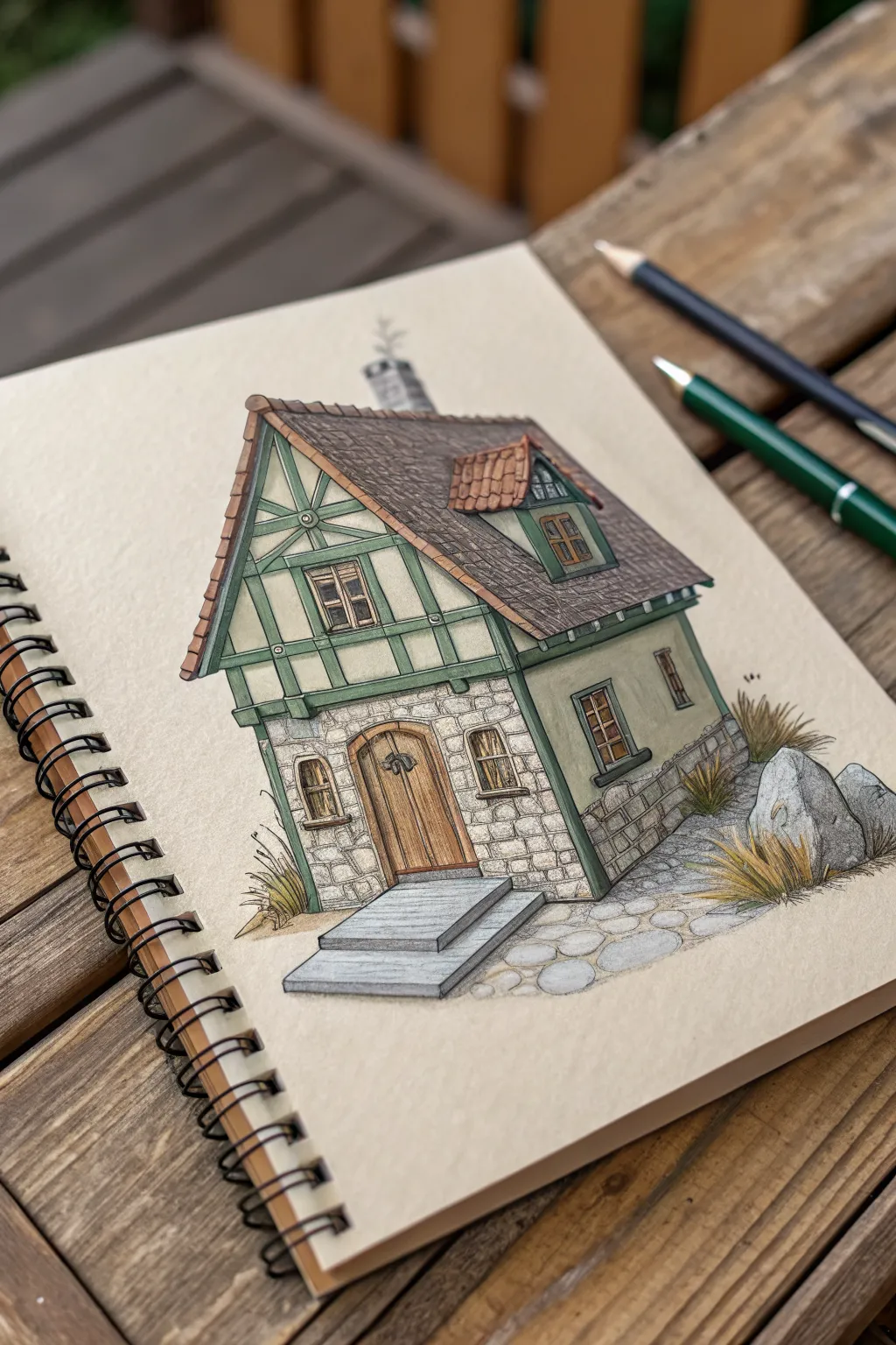 Isometric fantasy house concept in minimalist boho style, clear roof planes with tiny scale props.