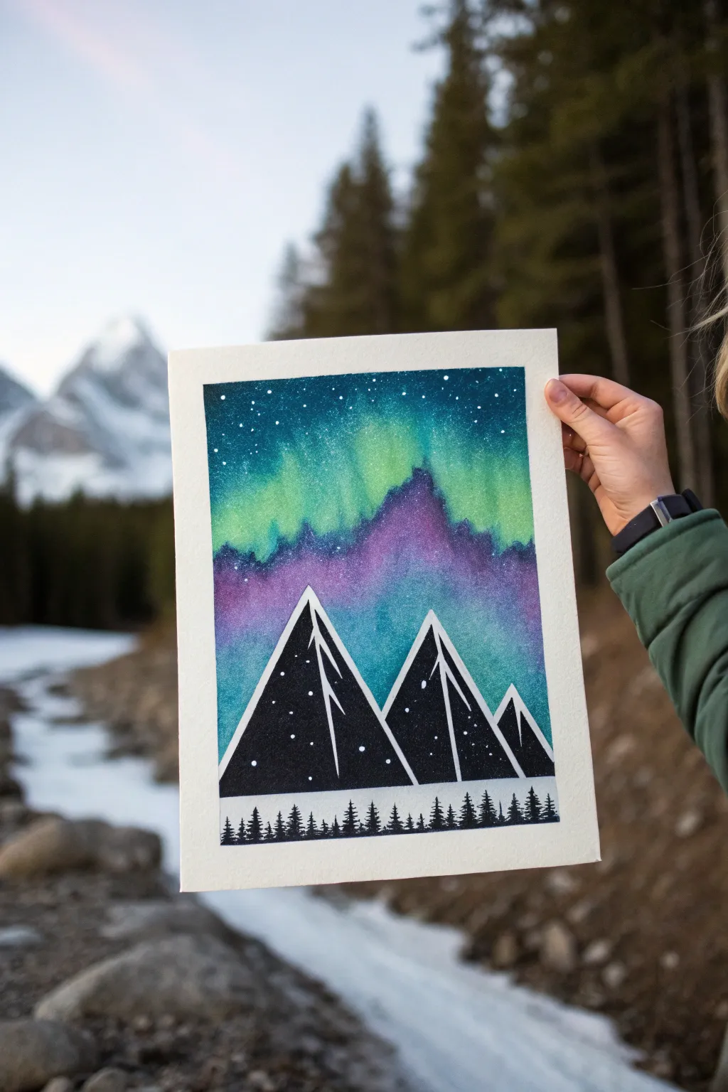 Easy fantasy painting idea: simple black peaks under a smooth green to violet aurora sky