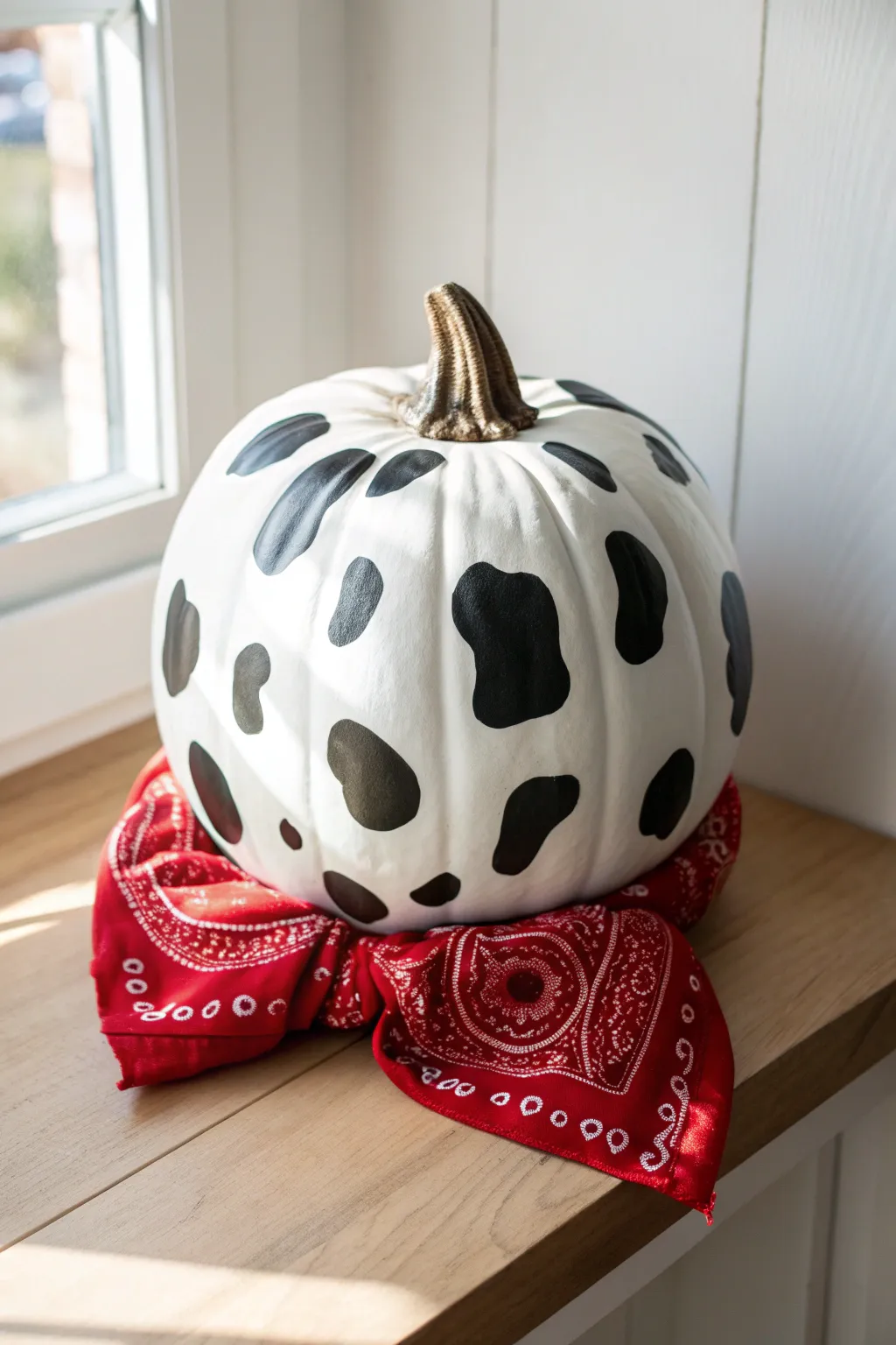 Add a pop of farm charm! This red bandana accessory perfectly completes the cow-print pumpkin look.
