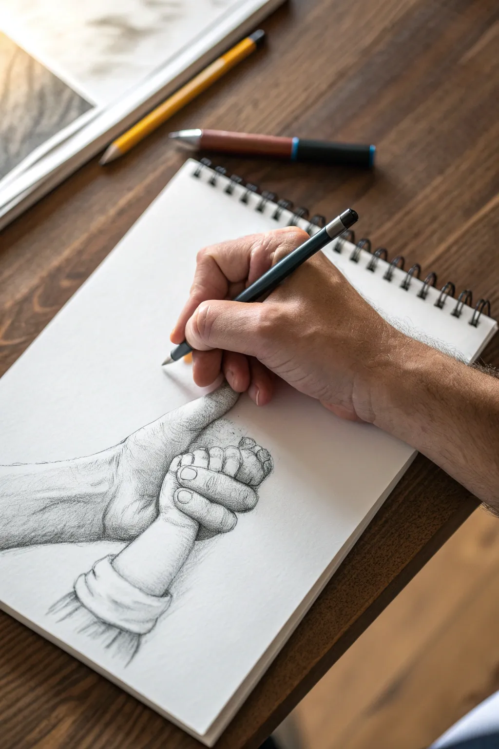 Tender close-up of a father and daughter handhold, a simple drawing that feels safe and true.