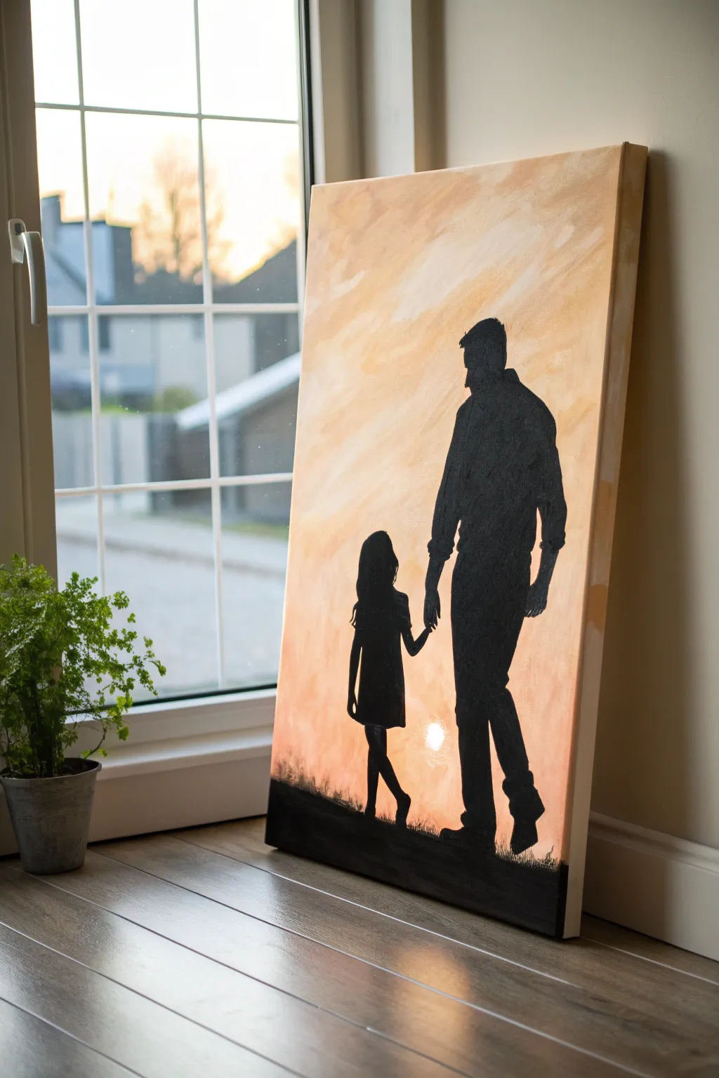 Minimal shadow portrait silhouette of dad and daughter, high contrast on a warm painted wash.