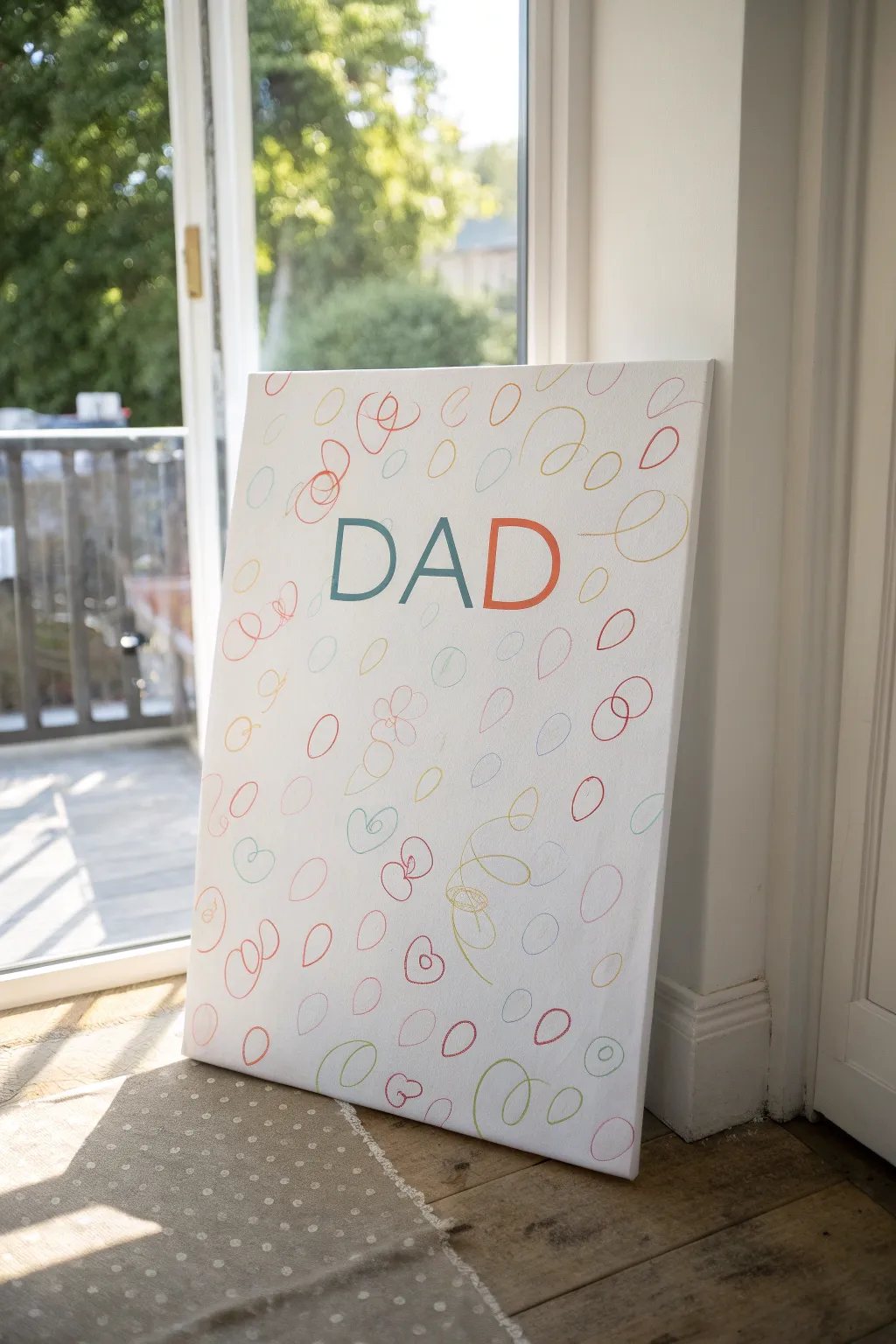 Colorful kid scribbles meet a crisp DAD overlay for a modern, gallery-cute Fathers Day canvas.