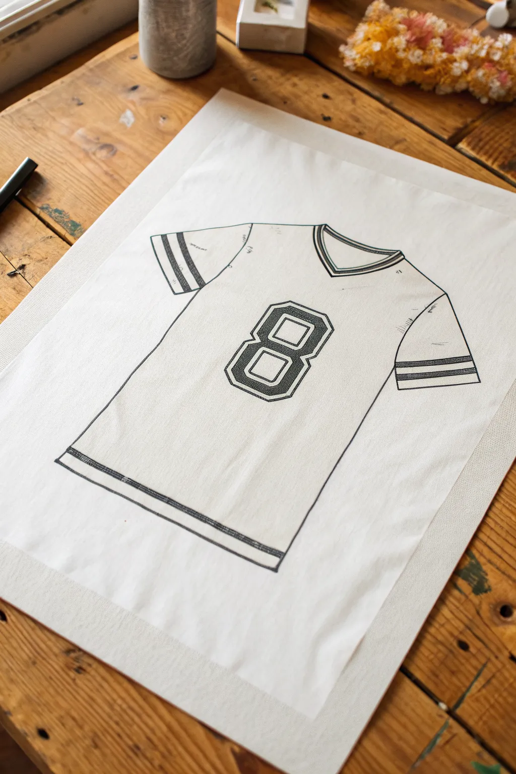 Minimalist jersey drawing for Fathers Day, bold outline with blank nameplate and number panel