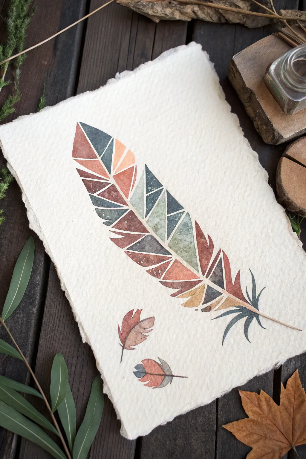 Geometric low-poly feather in muted boho tones, crisp facets centered on clean Scandinavian paper.