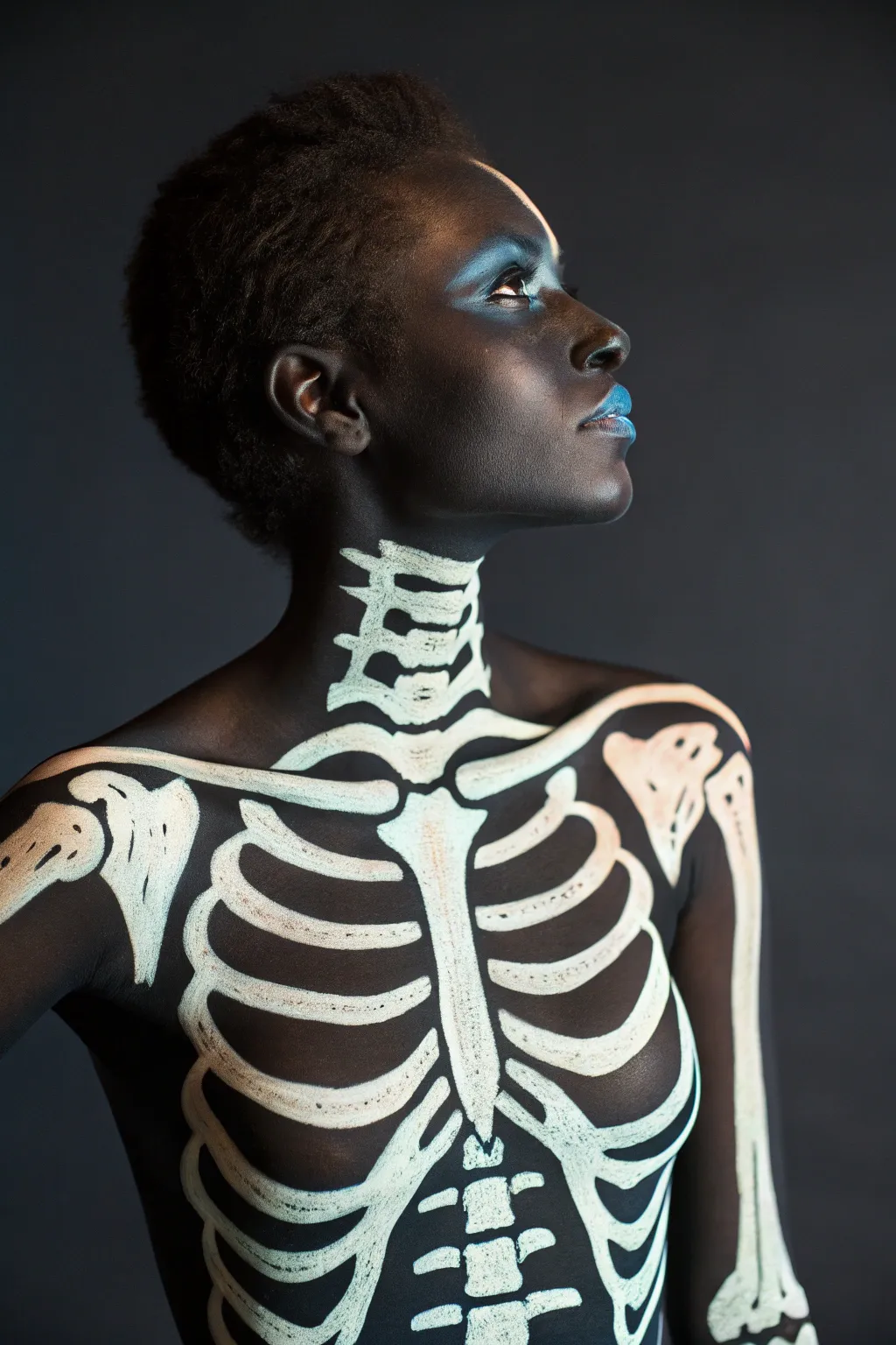 Neon skeleton body paint glowing on a dark backdrop, bold rib lines for striking blacklight drama.