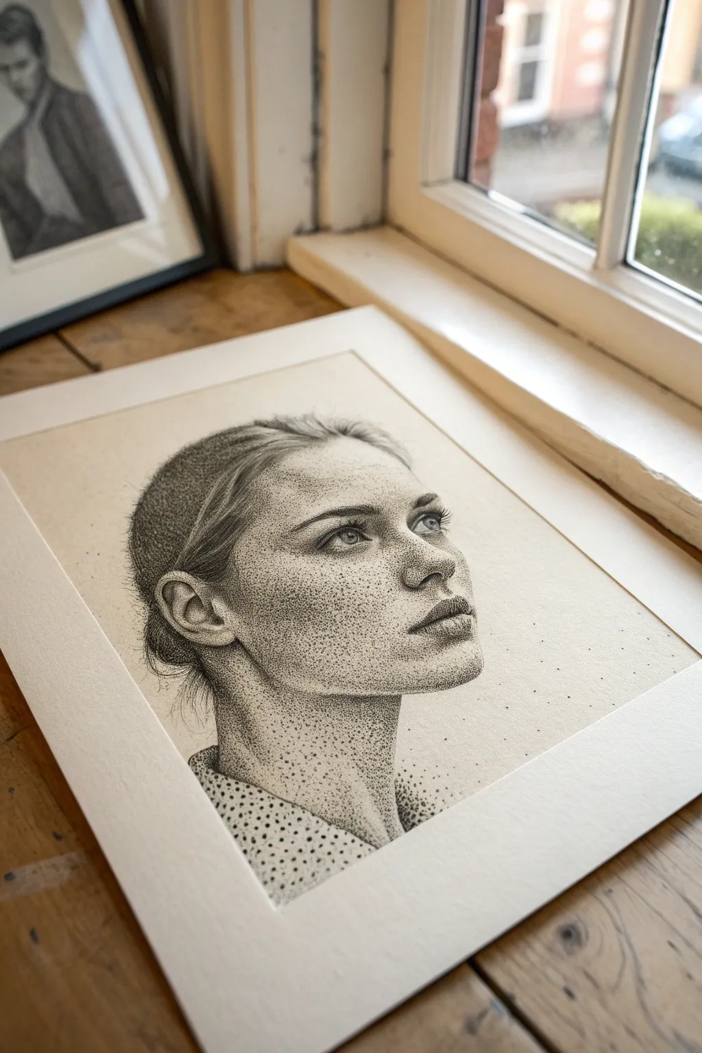 Stippled portrait close-up: thousands of tiny dots creating bold shadows and delicate highlights.