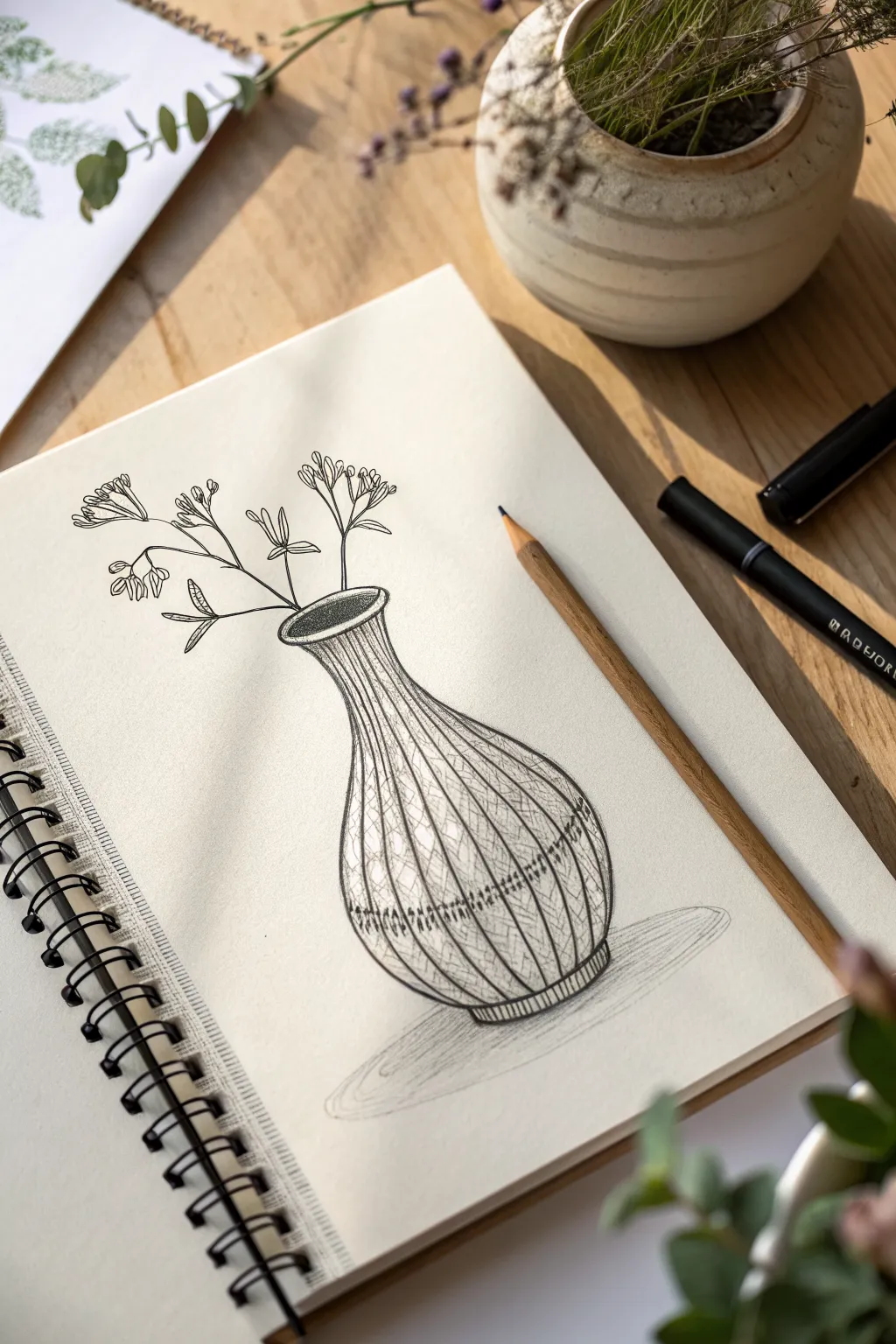 Fine line vase with hatching-only shadows, bold contrast and calm minimalist Scandinavian mood.