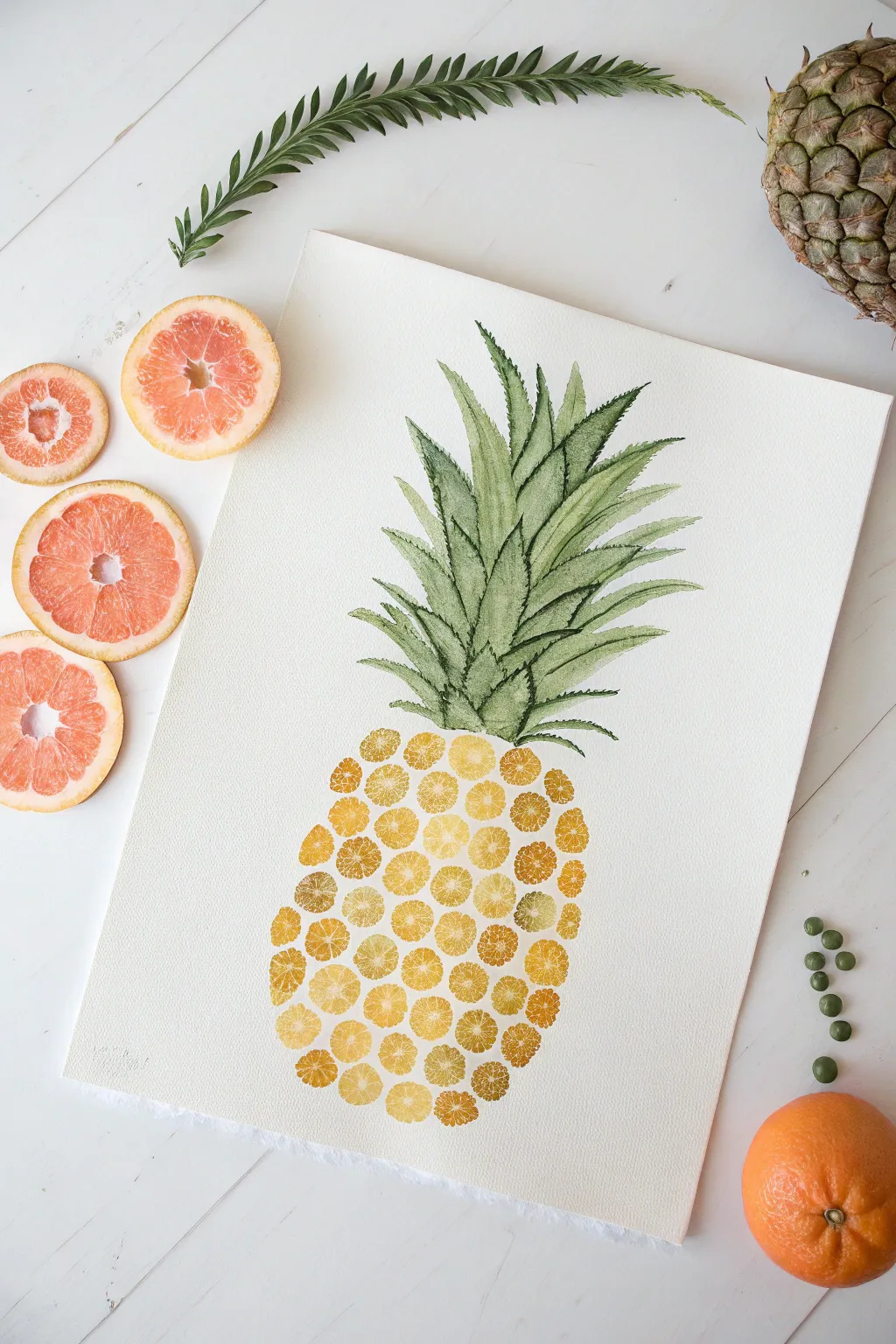 Simple fingerprint pineapple with playful fruit slices, perfect minimal kids art idea