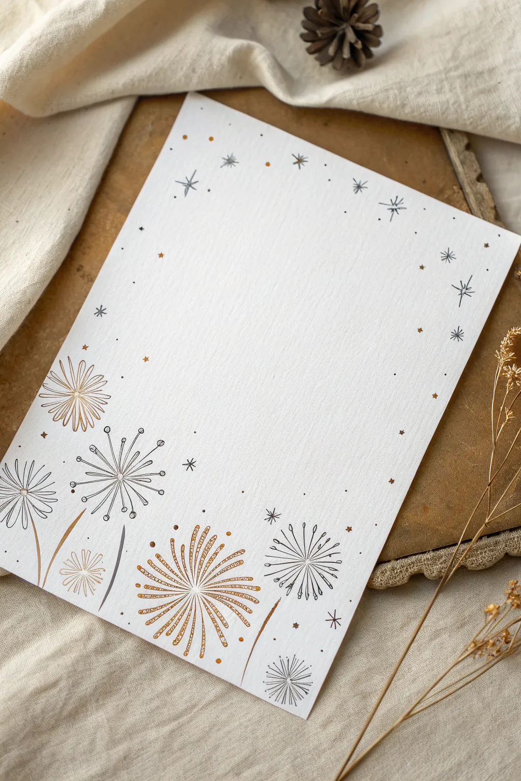 Stamped firework bursts with hand-drawn trails and tiny spark dots on clean watercolor paper