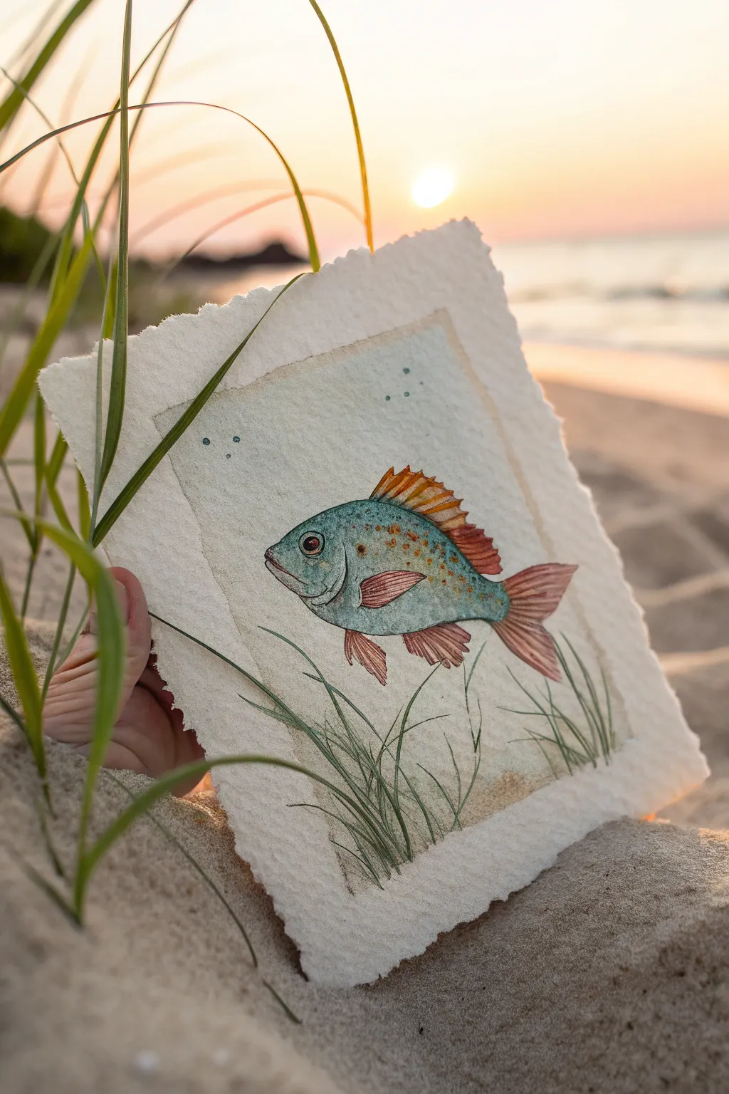 Warm minimalist fish and seagrass study on sandy ocean floor, calm Scandinavian boho vibe