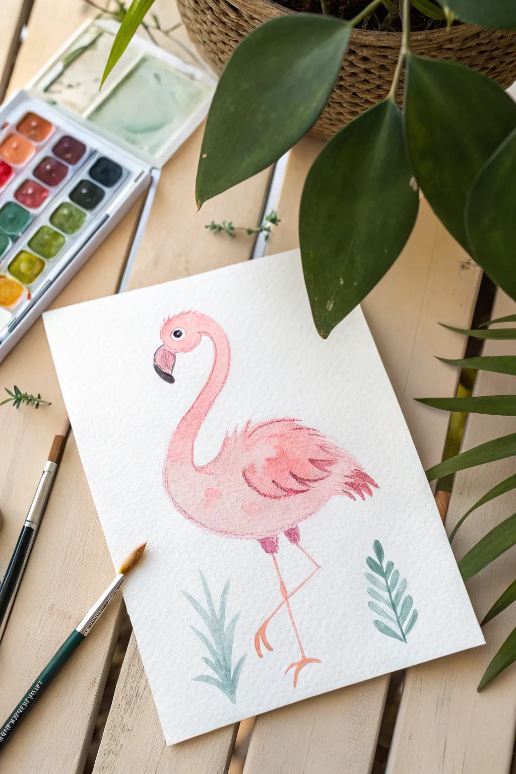 Playful cartoon flamingo in soft pastels, easy shapes and sweet blush details to paint