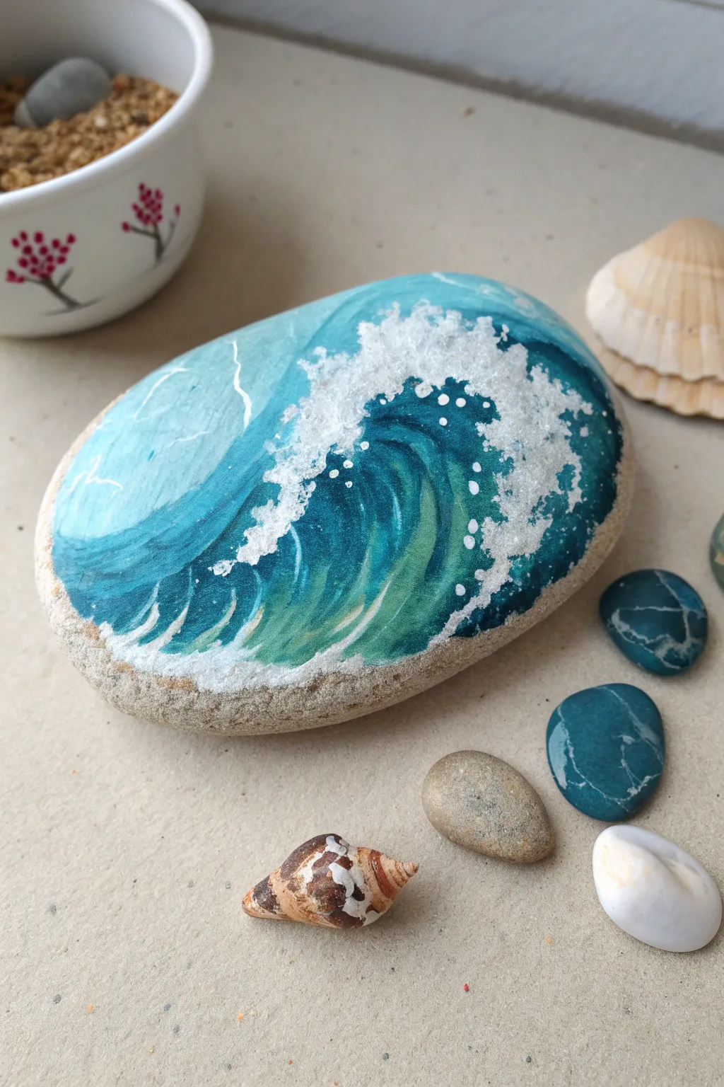 Paint a calm ocean wave swirl on a flat rock, finished with tiny sea life details.