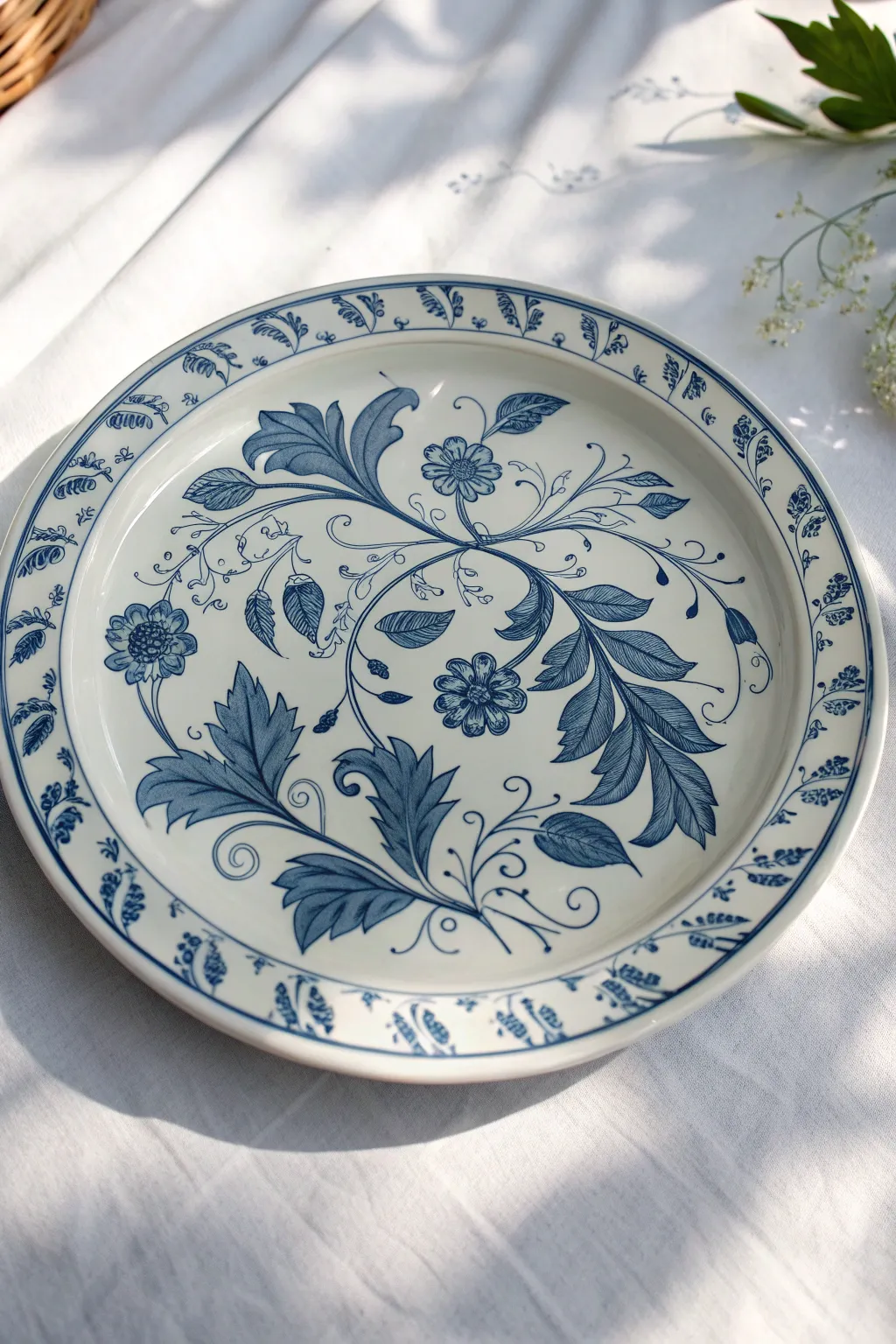 Blue-and-white vintage floral plate design with crisp contrast and timeless minimalist charm.