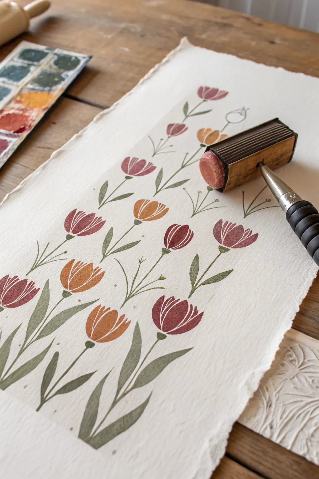 Fork-stamped tulips in soft boho colors on crisp paper, simple and satisfying to make.