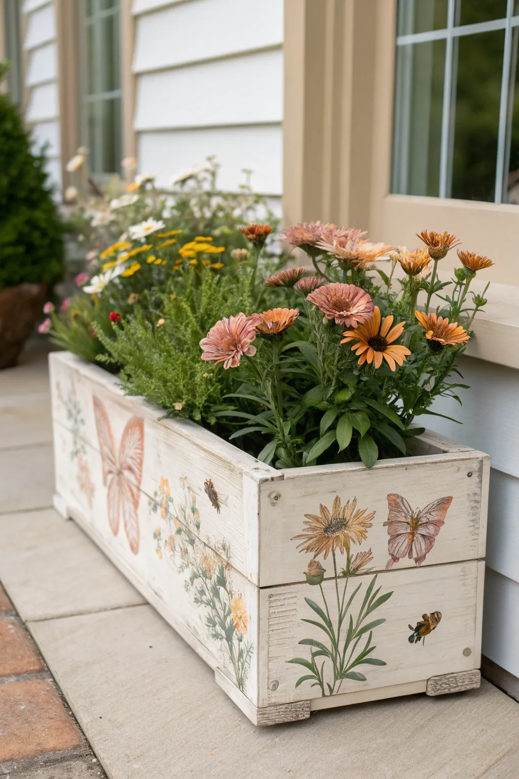 Painted flower box with bees and butterflies, real blooms echo the artwork in soft Nordic light.