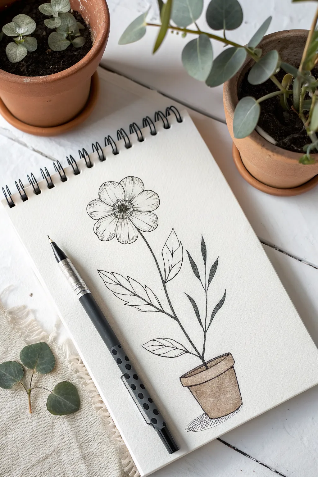Simple pot flower drawing idea with clean lines, one bloom, and a soft shadow for depth