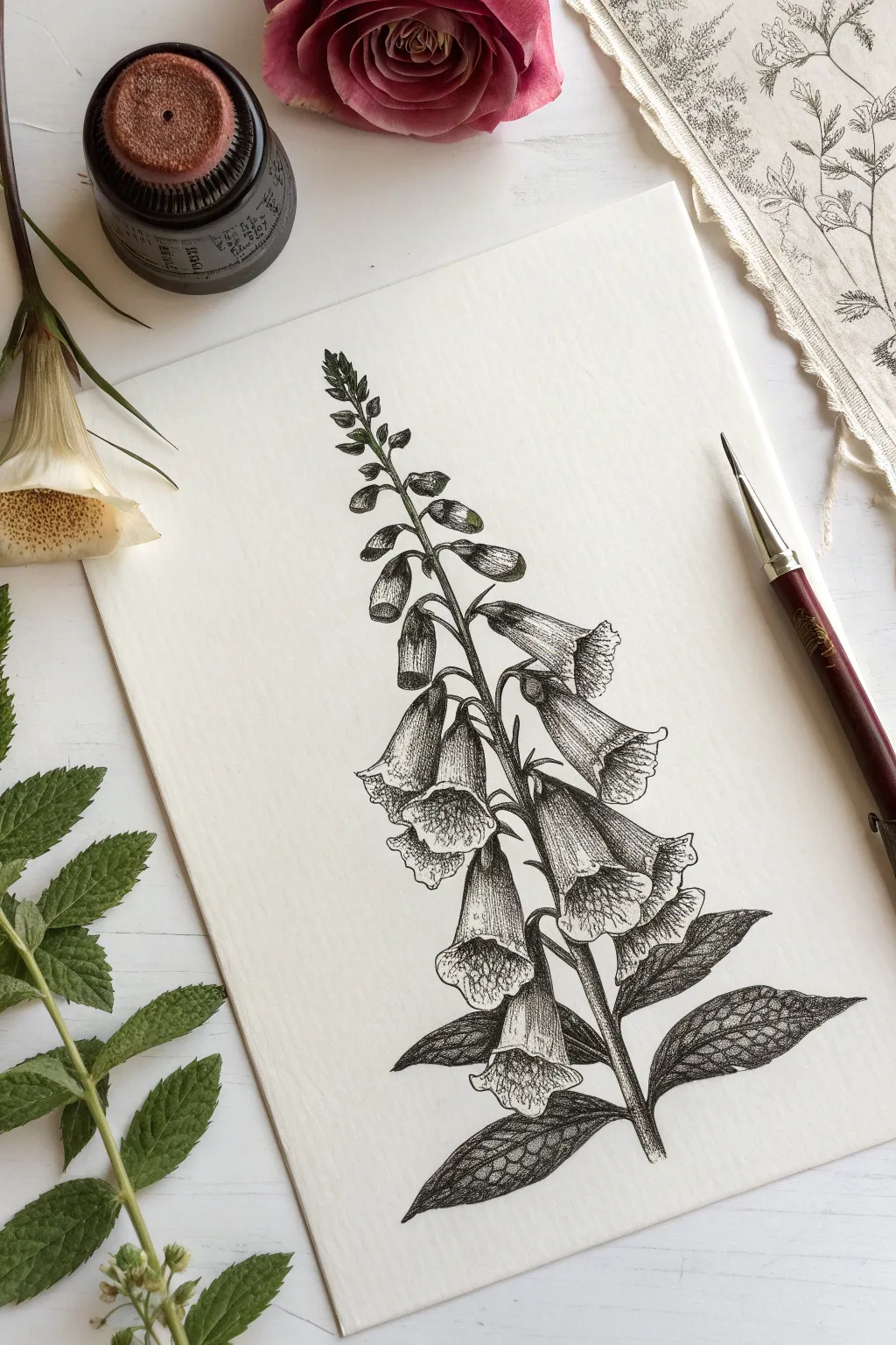 Embrace the charm of vintage botany with this detailed foxglove drawing idea. Simple, elegant, and timeless.