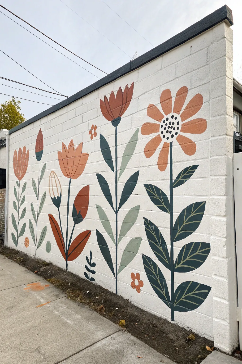 Geometric flowers in flat color blocks bring modern mural impact with Scandinavian calm.