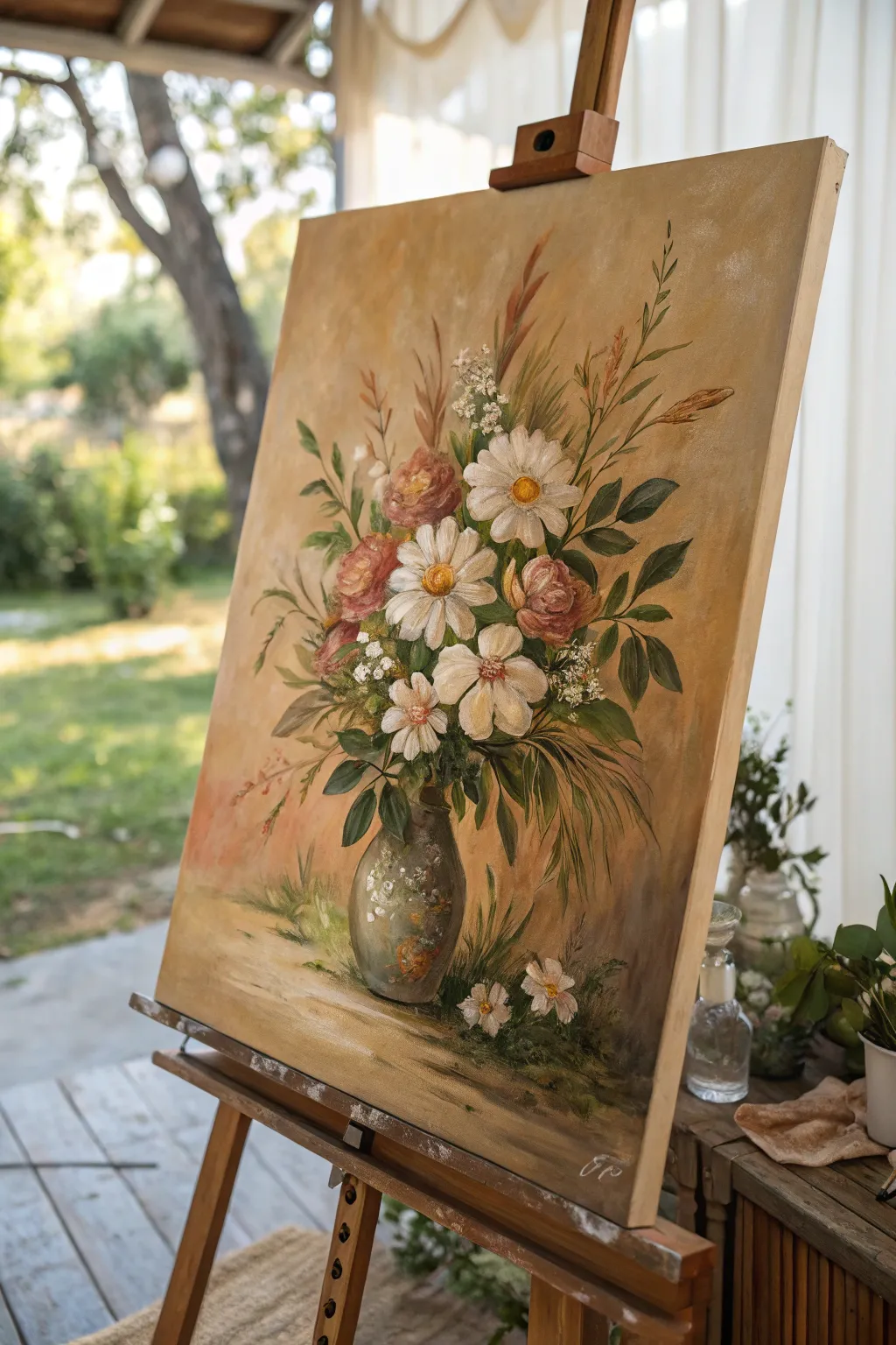 Warm toned underpainting peeks through petals, giving this floral oil painting a soft sunlit glow.
