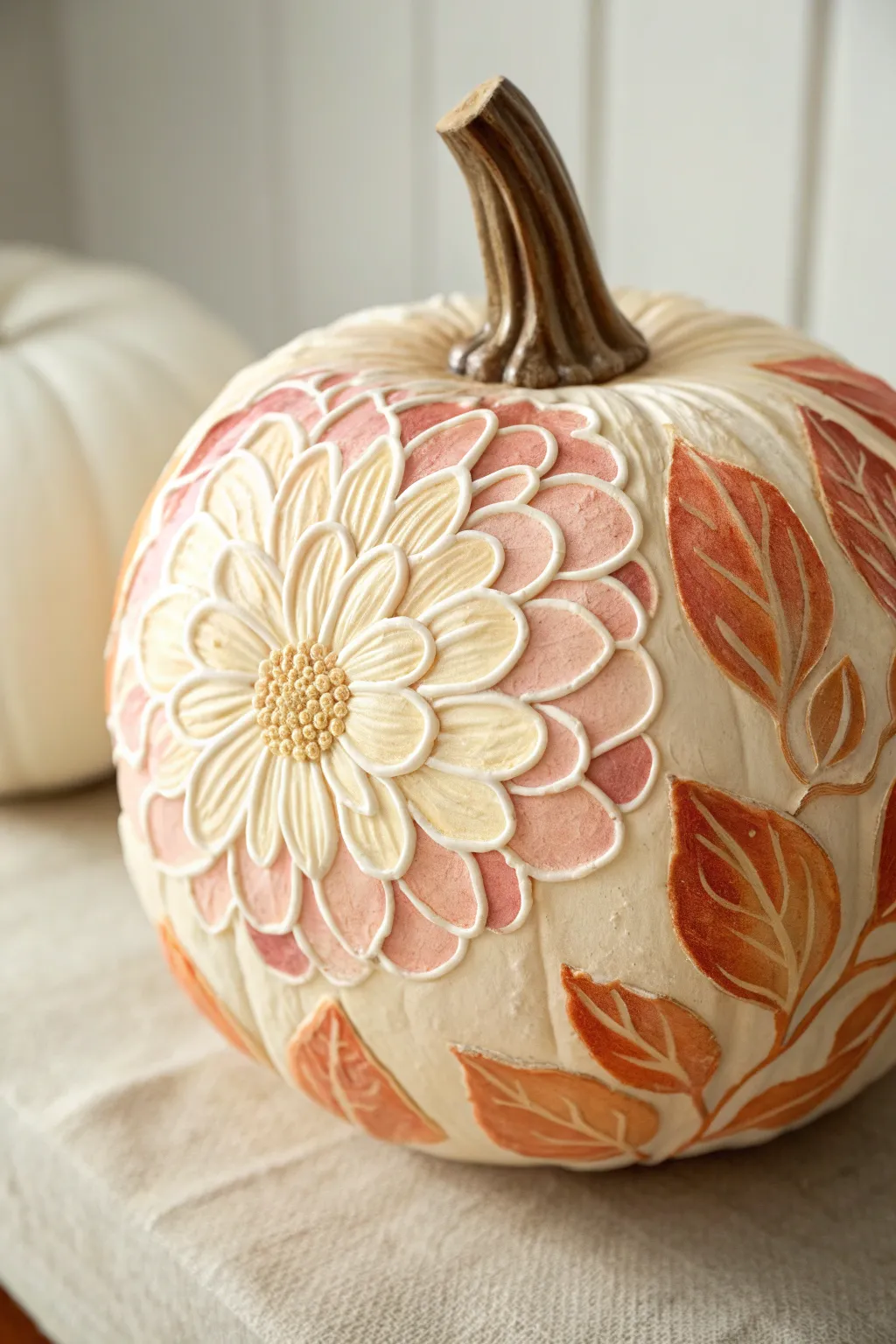 Side-lit close-up pumpkin with thick painted petals, raised texture and delicate shadows.