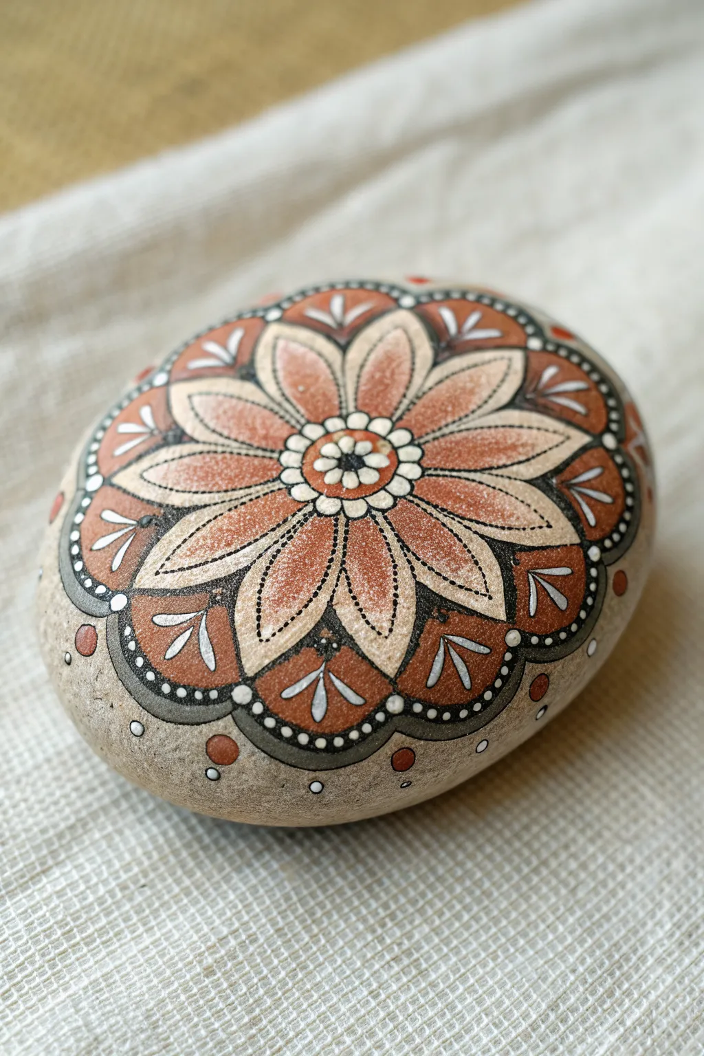 Mandala flower medallion rock painting with clean symmetry, soft boho colors, and crisp contrast