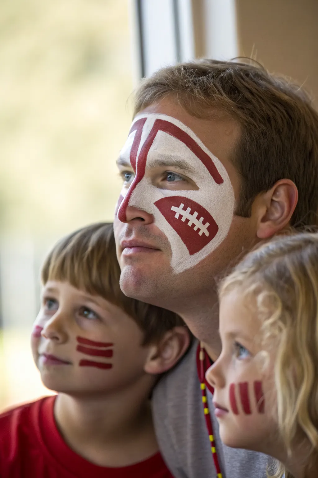 Family game day face paint: one bold football motif plus kid-sized mini footballs and stripes
