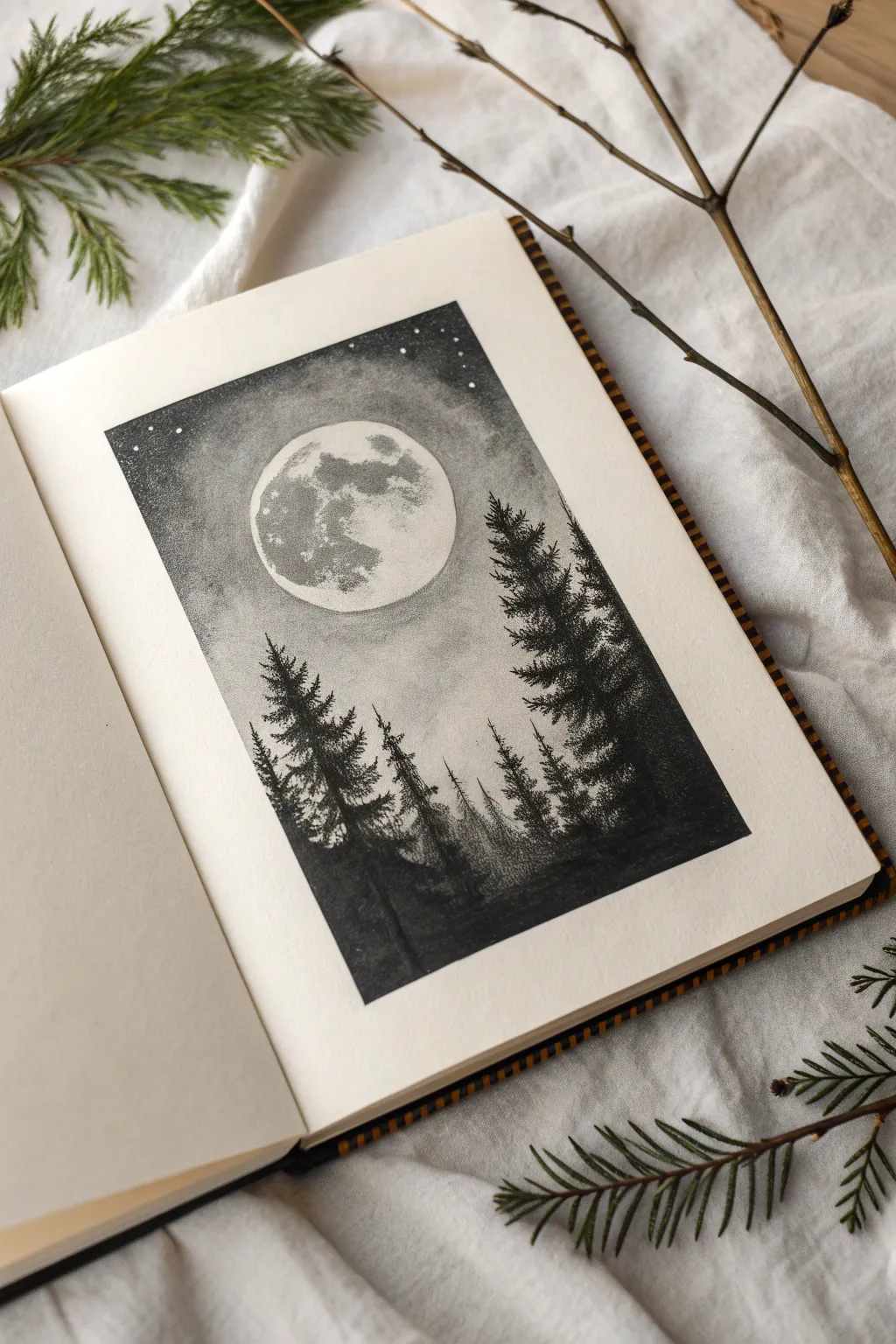 Minimal night forest sketch with a glowing moon and cool highlights for serene drawing inspiration