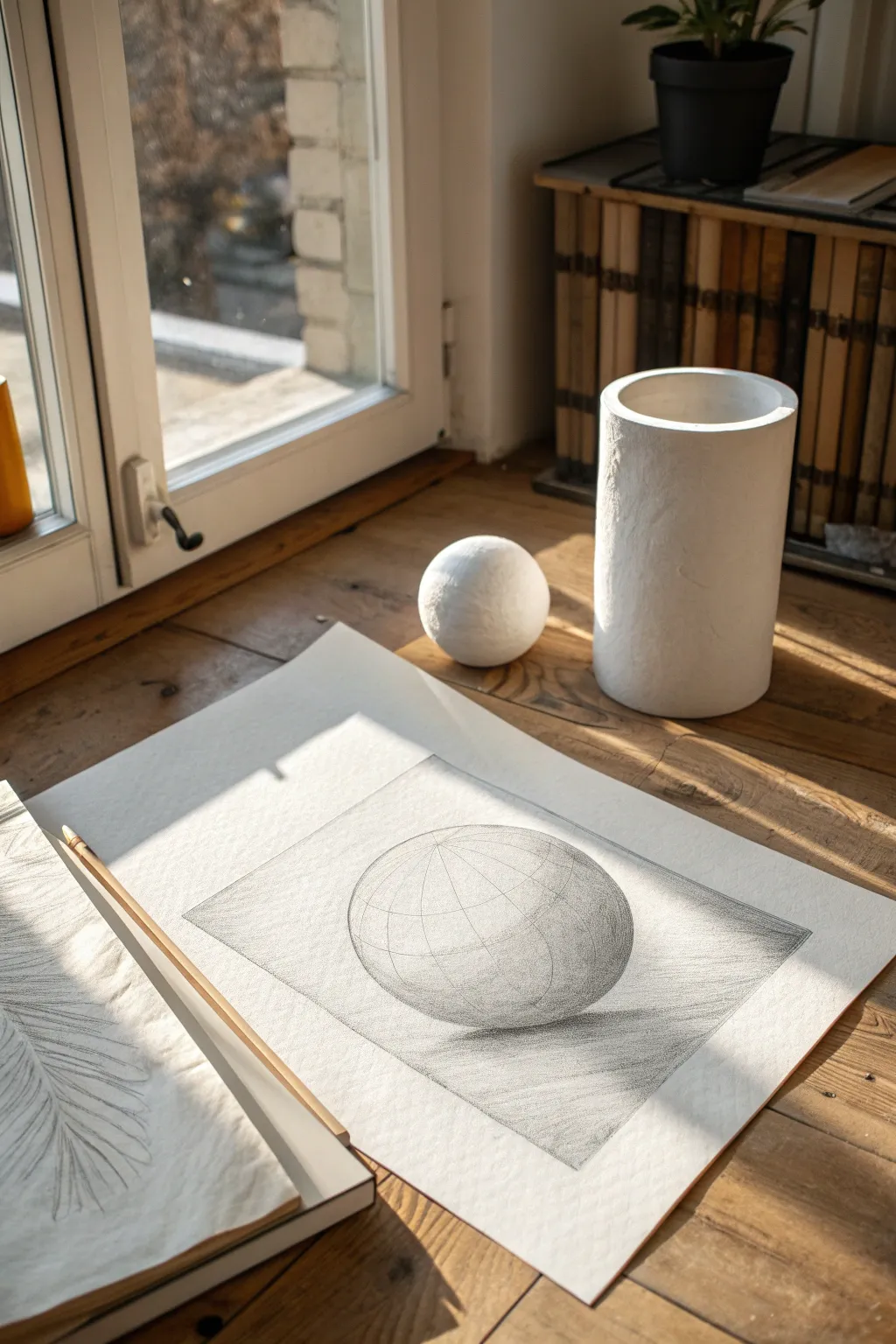 See depth instantly: overlap a sphere, box, and cylinder using line weight and soft shading.