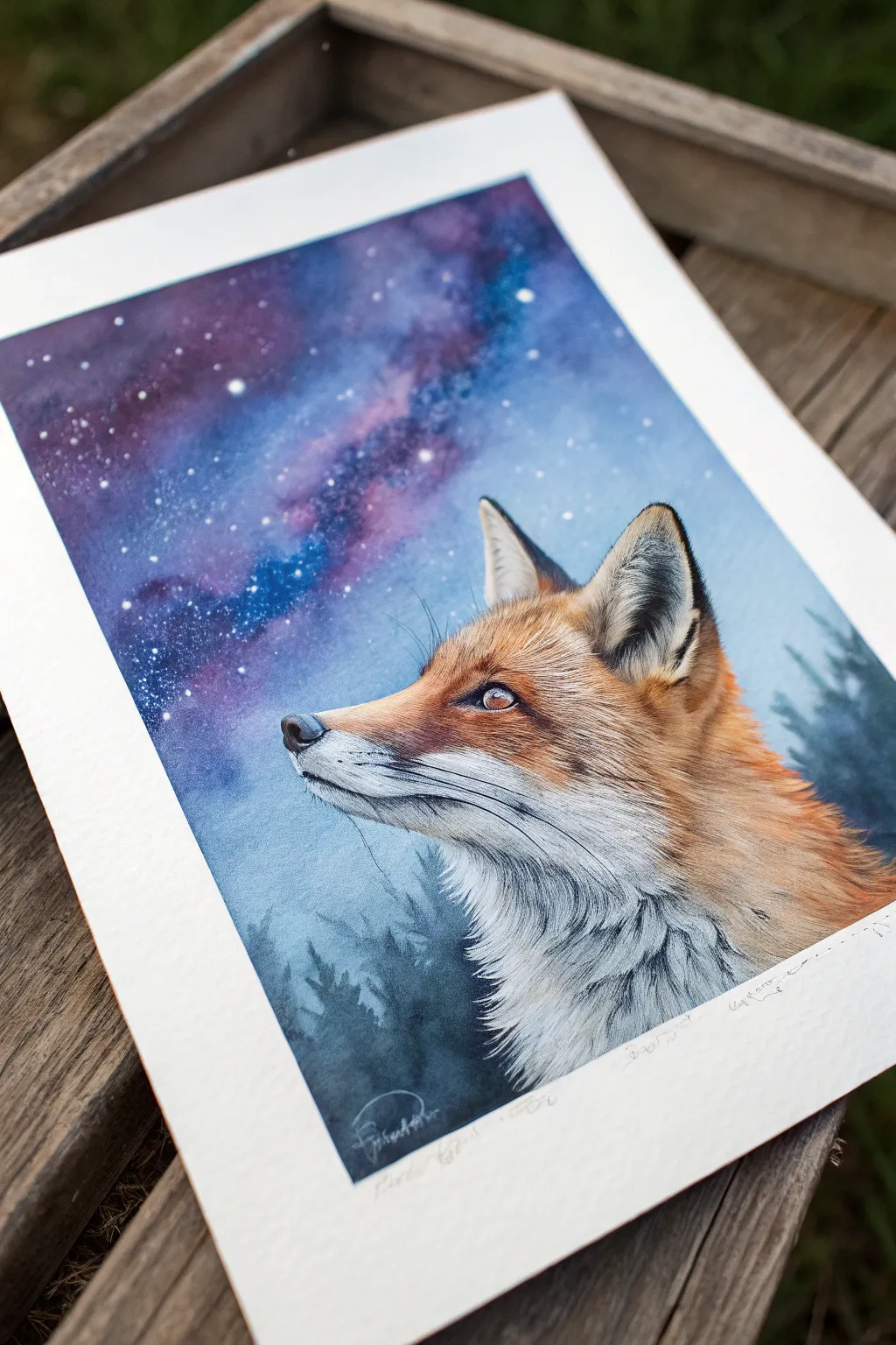 Paint a rim-lit fox portrait glowing against a dreamy indigo galaxy of stars and nebula clouds.